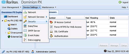 PX-2000 Security Menu Web GUI Page