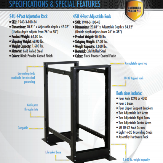 kendall howard 4 post adjustable rack 42u data center solutions