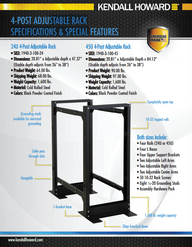 kendall howard 4 post adjustable rack 42u data center solutions